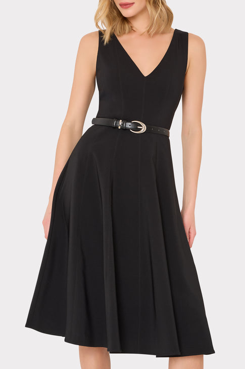 Black sleeveless Linda dress with belt styled look - Full Length View | MILLY