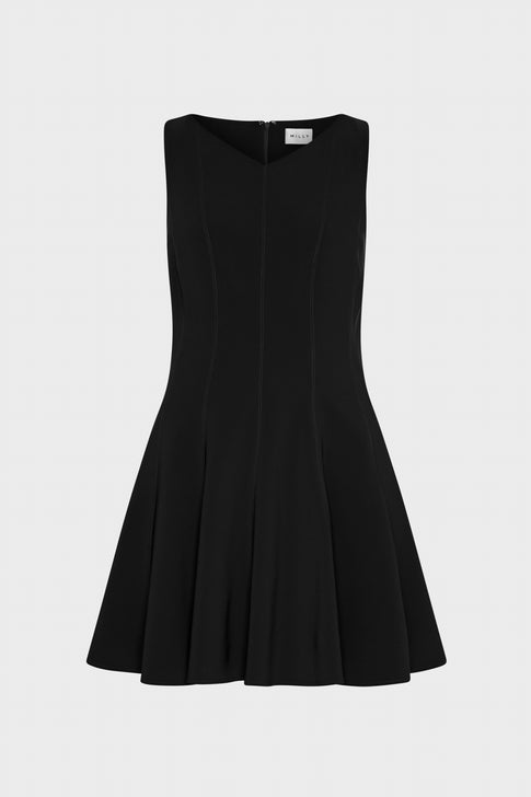 Black Stretch Cady Fit and Flare Mini Dress - Front View | MILLY