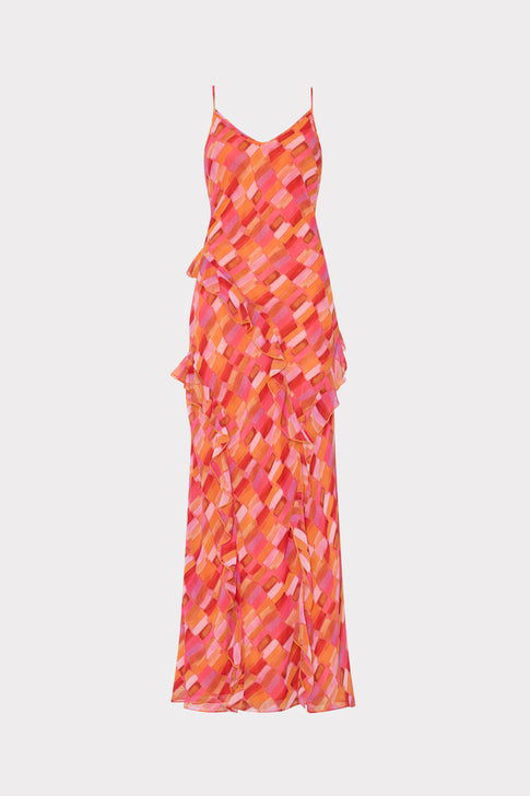 Sunset Tile Ruffle Maxi Dress Pink Multi Image 1 of 4