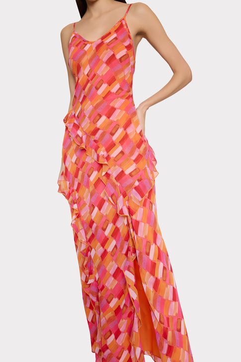 Sunset Tile Ruffle Maxi Dress Pink Multi Image 3 of 4