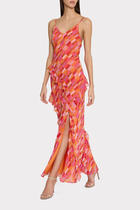 Sunset Tile Ruffle Maxi Dress Pink Multi Image 2 of 4