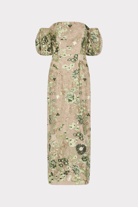Green Floral Embroidered Mesh Midi Dress - Front Flat View | MILLY