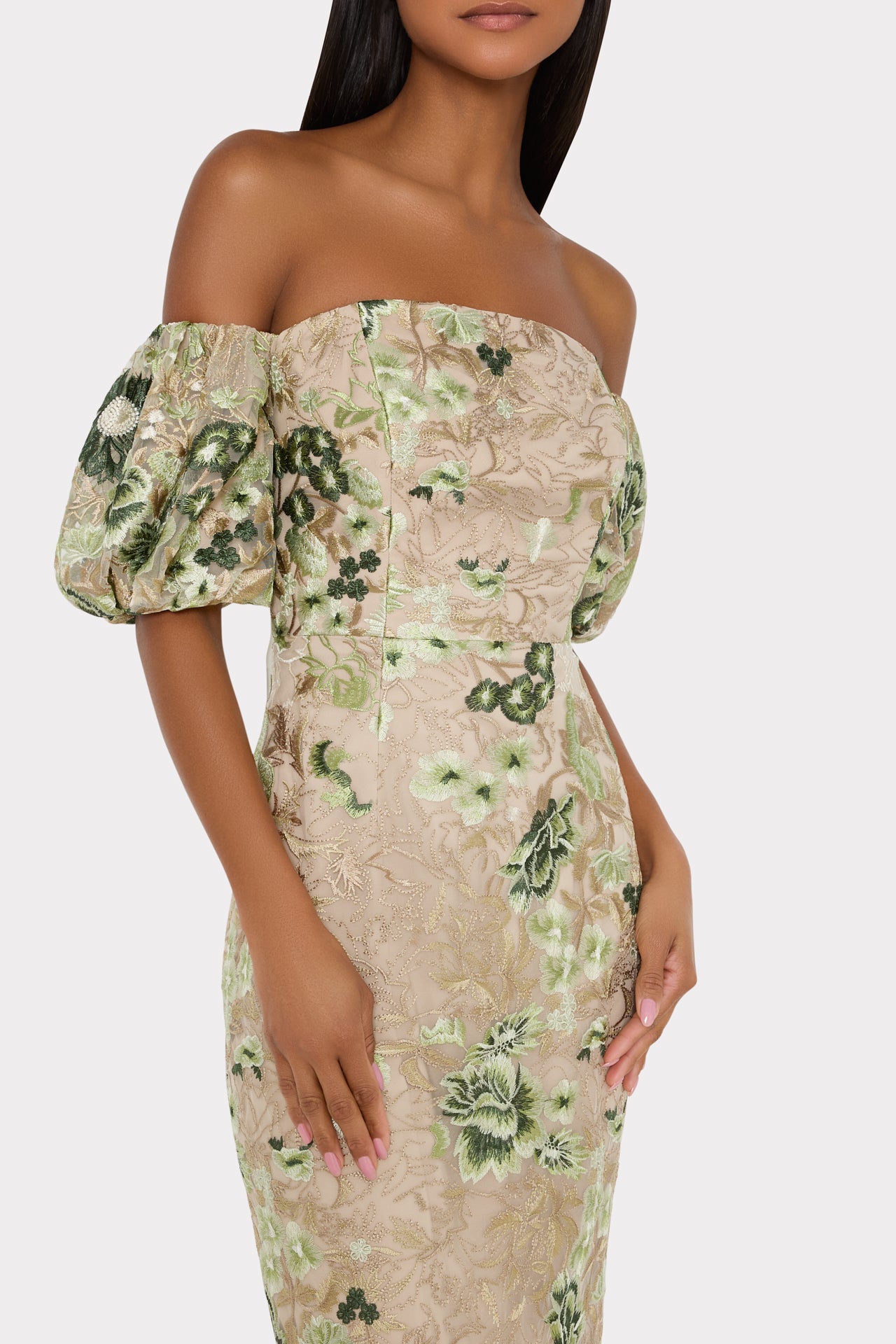 Milly Nene Embroidered Off-the-Shoulder Puff Sleeve Dress - White/Green Milly Nene Embroidered Off-the-Shoulder Puff Sleeve Dress - White/Green