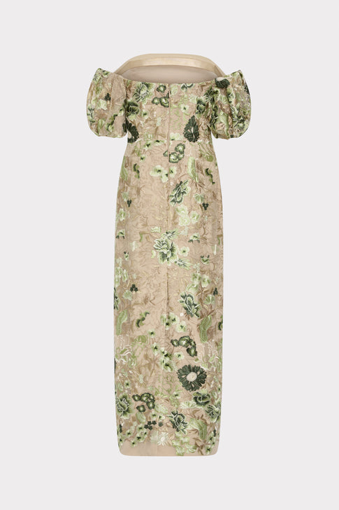 Green Floral Embroidered Mesh Dress - Back View with Zipper Detail | MILLY