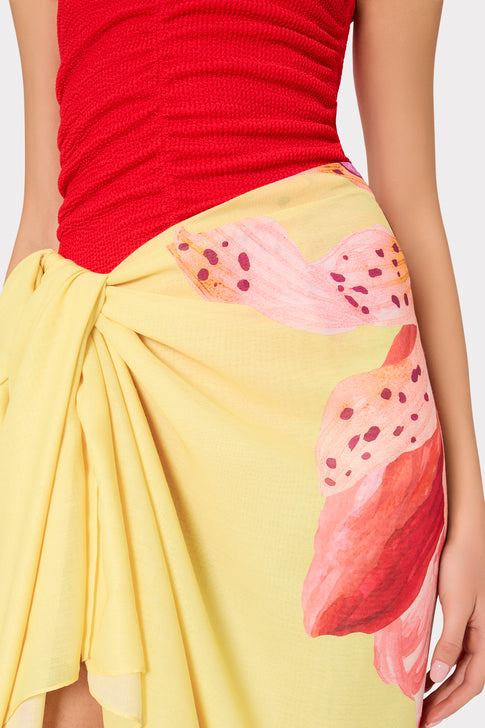 Yellow Sarong with Pink Floral Pattern Detail - Waist Styling | MILLY