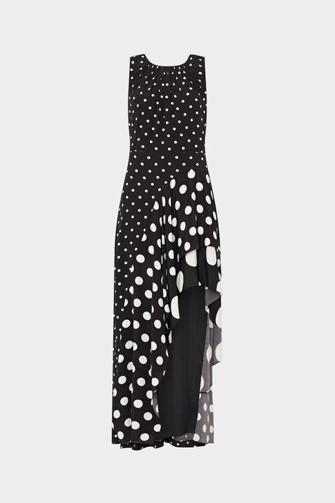 Black White Spencer Polka Dot Midi Dress with Asymmetric Ruffle - Front View | MILLY
