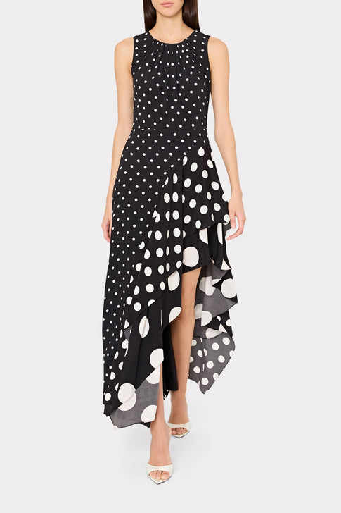 Black White Elegant Spencer Polka Dot Maxi Dress - On Model Side Angle | MILLY