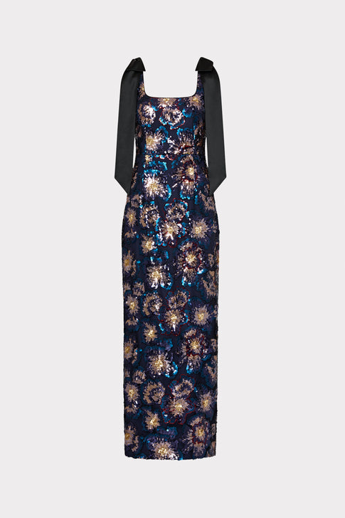 Kyle Satin Bow Column Dress Navy Multi Image 1 of 5