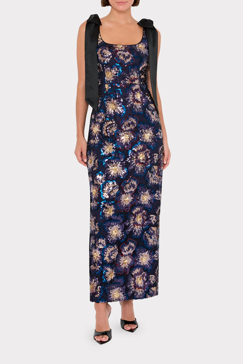 Kyle Satin Bow Column Dress Navy Multi Image 2 of 5