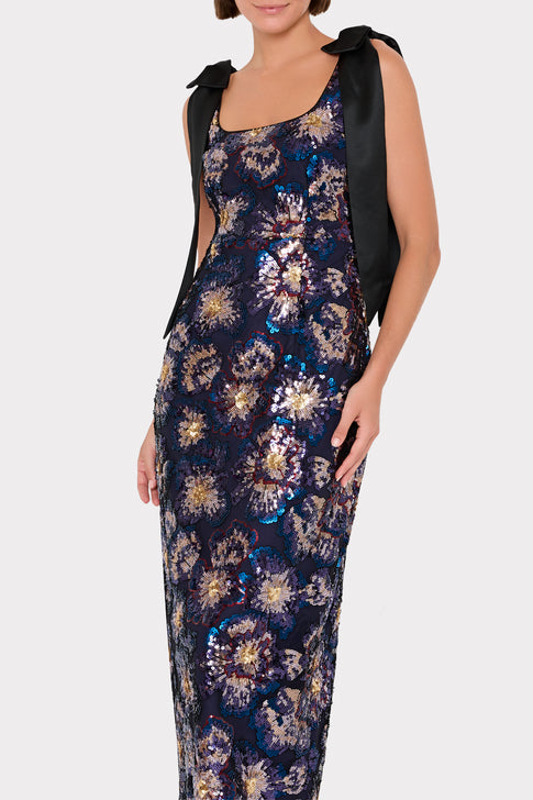 Kyle Satin Bow Column Dress Navy Multi Image 3 of 5