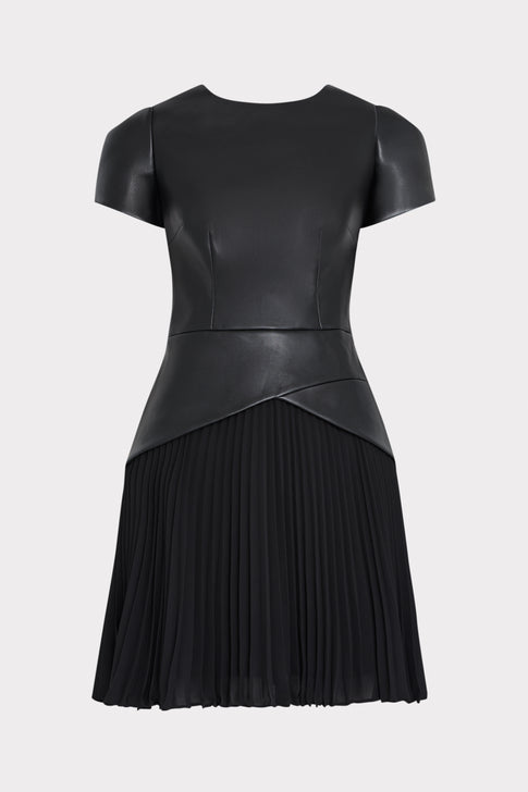 Black Leather Pleated Mini Dress - Front Flat View, Structured Bodice | MILLY