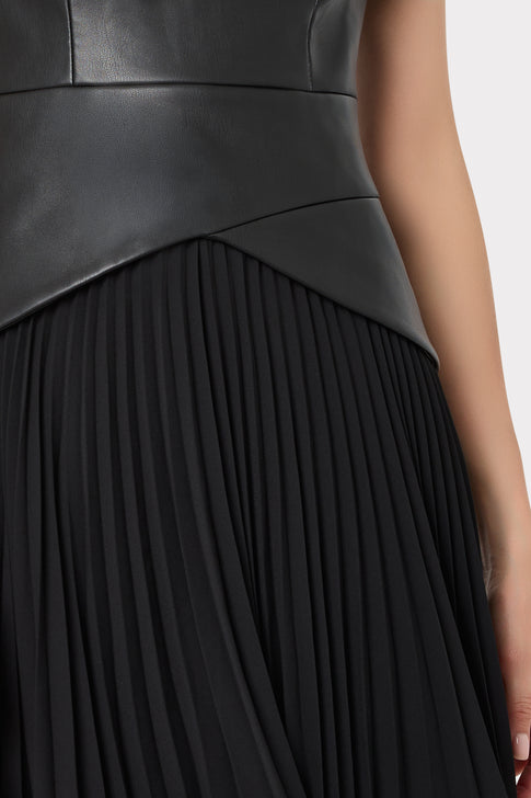Black Leather Pleated Mini Dress - Waist Detail, Crossover Leather & Pleated Skirt | MILLY