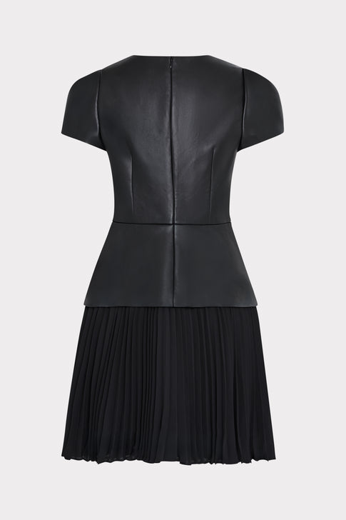 Black Leather Pleated Mini Dress - Back View, Center Zip & Pleated Skirt | MILLY