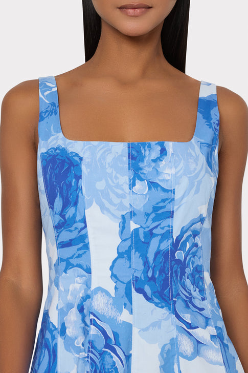 Elegant Blue Floral Square Neckline Detail - Nia Poplin Dress | MILLY