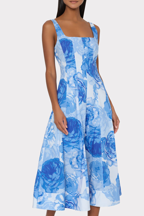 Milly Nia Printed Stretch Cotton Poplin Midi-Dress - Blue Multi