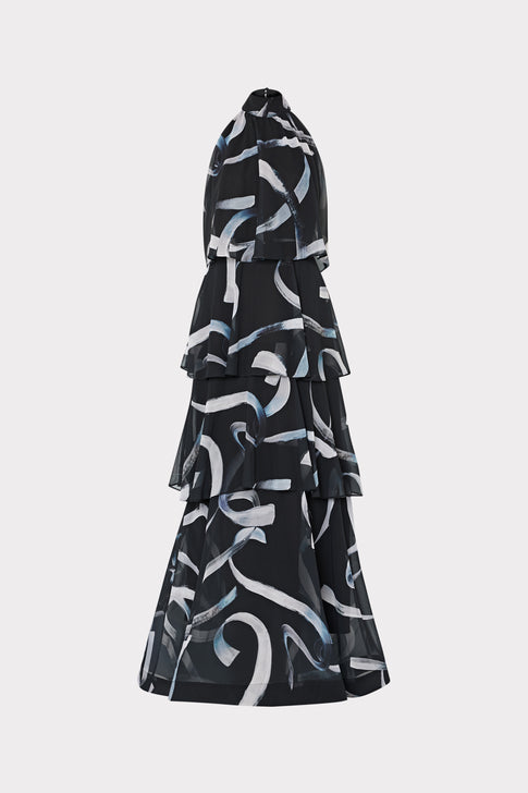 Black dress with white abstract patterns on a white background