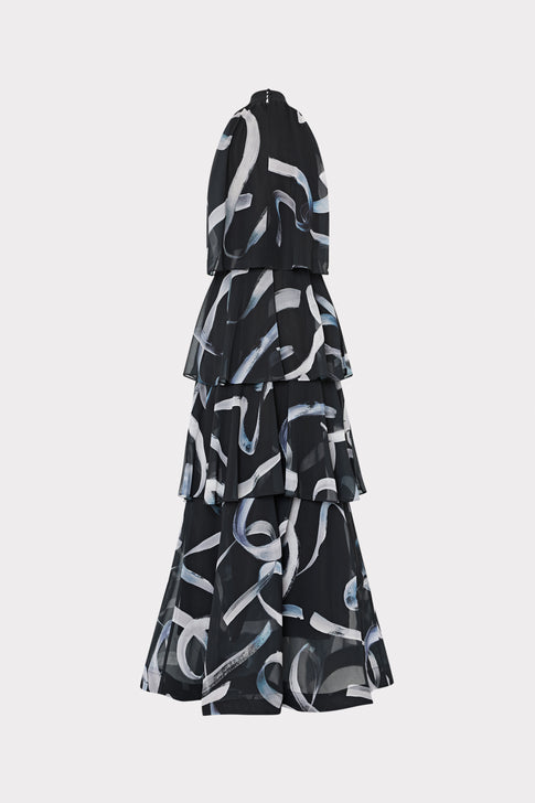 Black dress with abstract white patterns on a white background