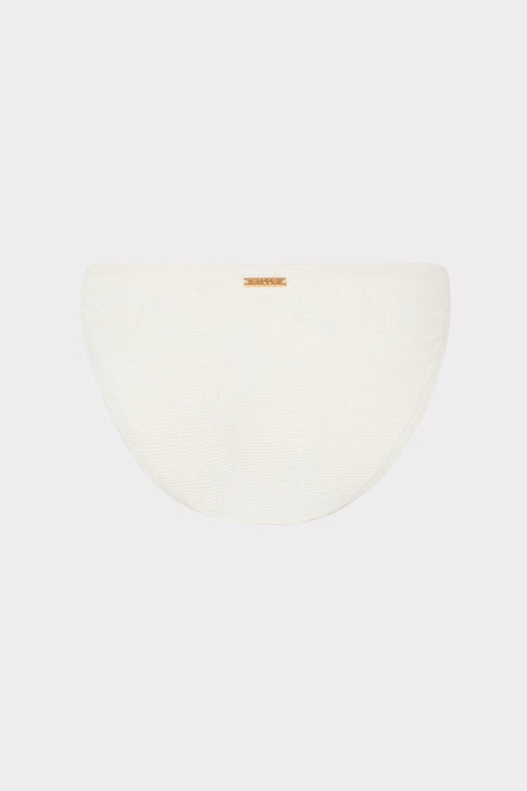White Margot Bikini Bottom with Gold Logo Detail - Flat Lay | MILLY