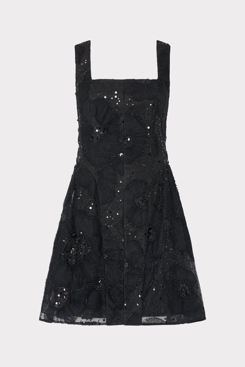 Black Beaded Tulle Floral Mini Dress - Flat Lay Front View | MILLY