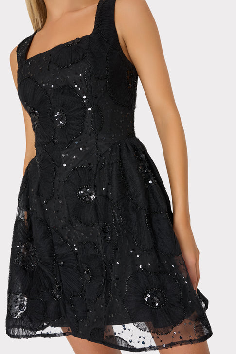 Black Beaded Tulle Mini Dress - Close-Up Sequin Floral Bodice Detail | MILLY