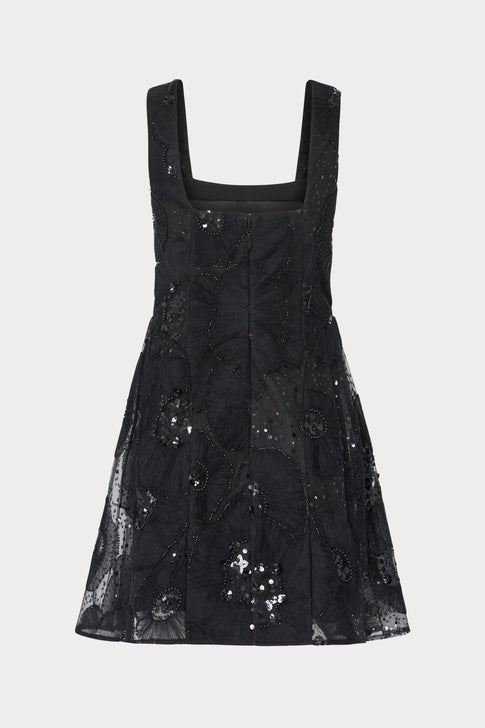 Black Beaded Tulle Floral Mini Dress - Back View Flat Lay | MILLY