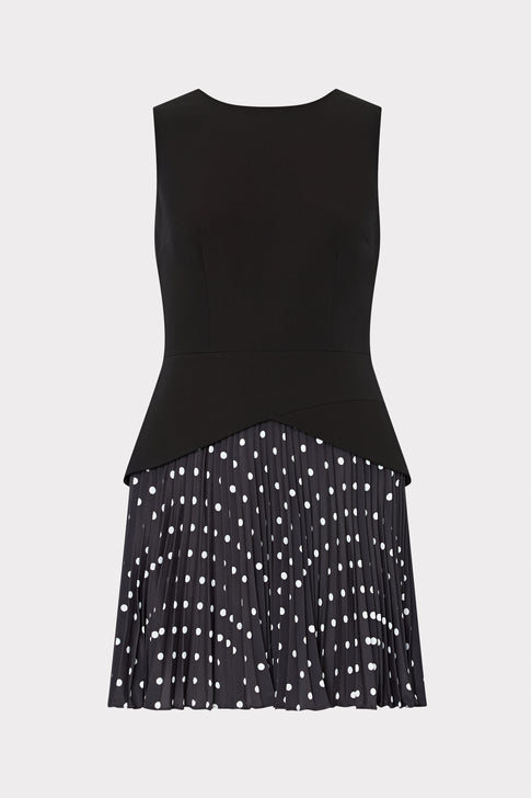 MILLY Haddy Black Mini Dress with White Polka Dot Pleated Skirt - Front View | MILLY