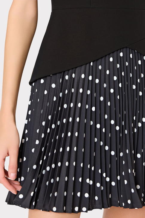 Black Pleated Chiffon Skirt with White Polka Dots - Detail View | MILLY