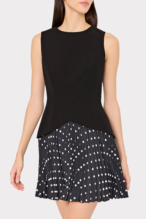 MILLY Haddy Designer Mini Dress with Elegant Polka Dot Pleating - Side Model View | MILLY