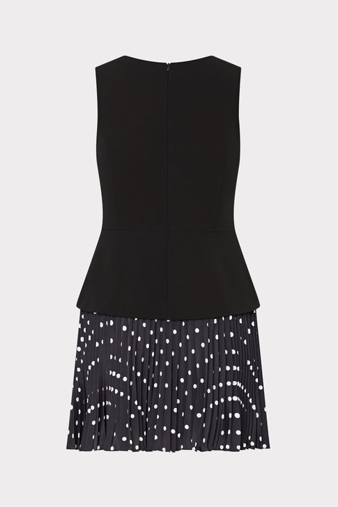 MILLY Haddy Black Mini Dress with Polka Dot Pleated Skirt - Back View | MILLY