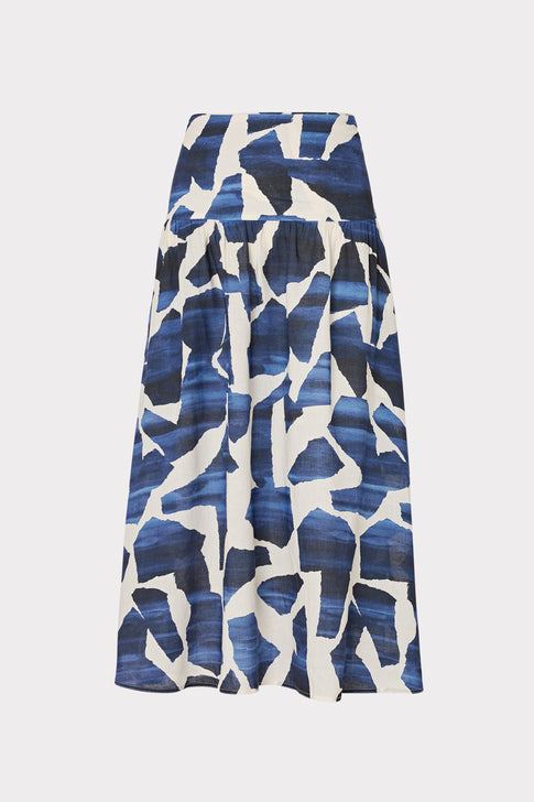 Ocean Puzzle Viscose Linen Skirt Navy Multi Image 1 of 4