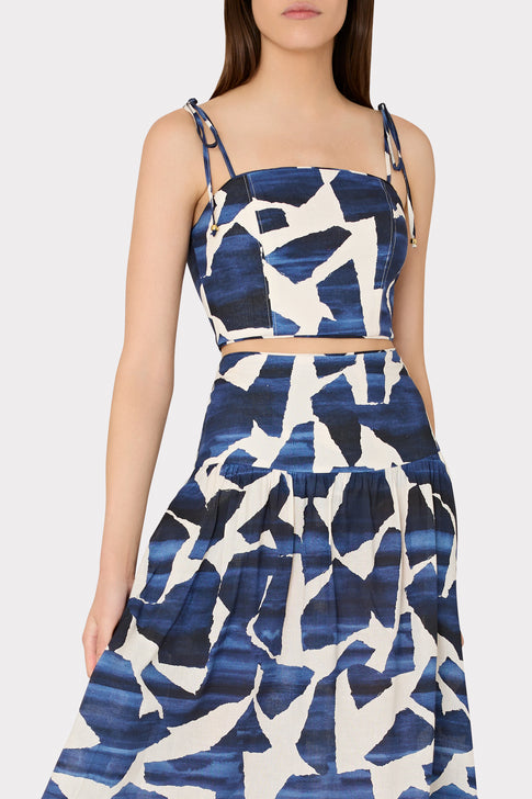 Ocean Puzzle Viscose Linen Tie Top