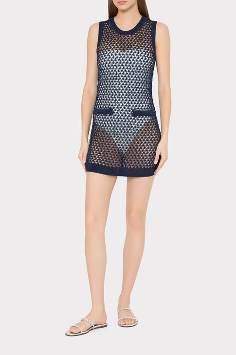 Navy Crochet Knit Cover-Up Mini Dress - On Model Full Length | MILLY