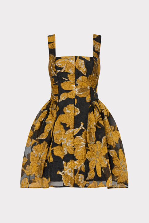 Black Gold Floral Brocade Sleeveless Mini Dress - Flat Front View | MILLY