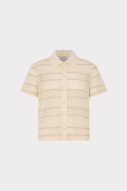 Cream Gold Multi Crochet Knit Short Sleeve Button Up - Front View | MILLY