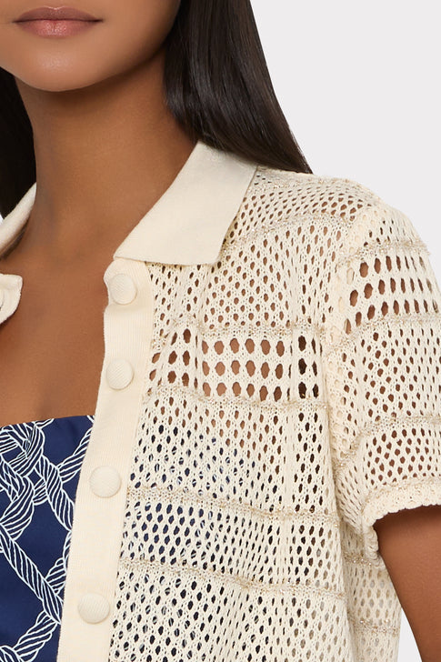 Close-up detail of cream crochet knit texture and collar - Designer Button Detail | MILLY