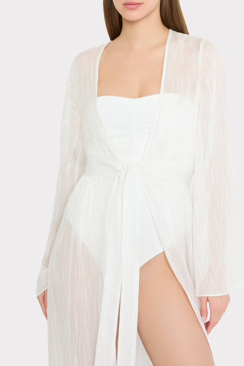 Model in White One Piece with Sheer Pinstripe Cover-Up - Side Profile Detail | MILLY