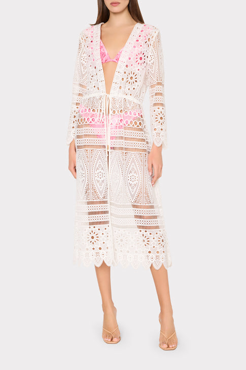 White Lace Cover-Up with Pink Bikini - On Model Front View | MILLY