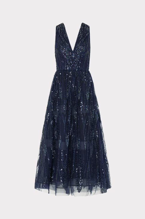 Navy Sequined Embroidered V-Neck Midi Dress - Front View | MILLY