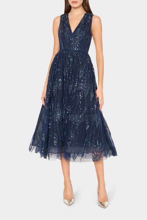 Navy Sequined Tinsley Dress - On Model Front View | MILLY