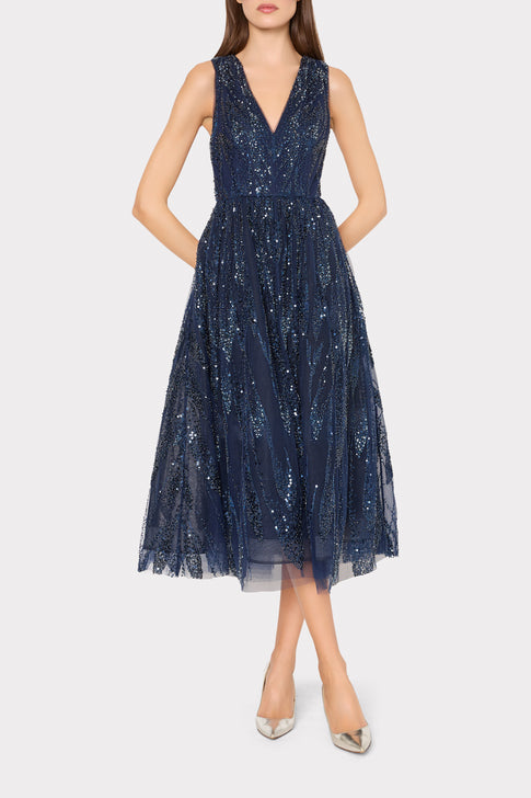 Navy Sequined V-Neck Dress - Full Length On Model | MILLY