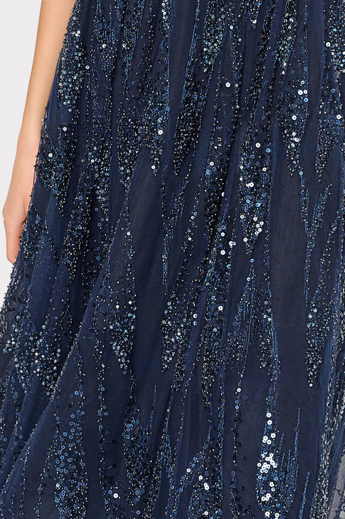 Navy Sequined Embroidered Dress - Fabric Detail Close-Up | MILLY