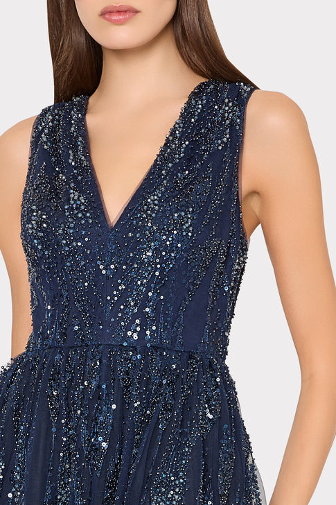Navy Sequined Designer Dress - V-Neck Detail Close-Up | MILLY
