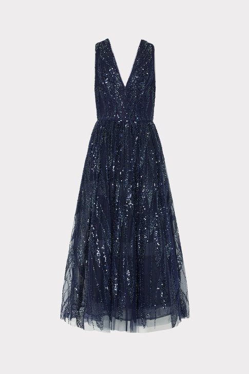 Navy Sequined Embroidered Midi Dress - Back View | MILLY