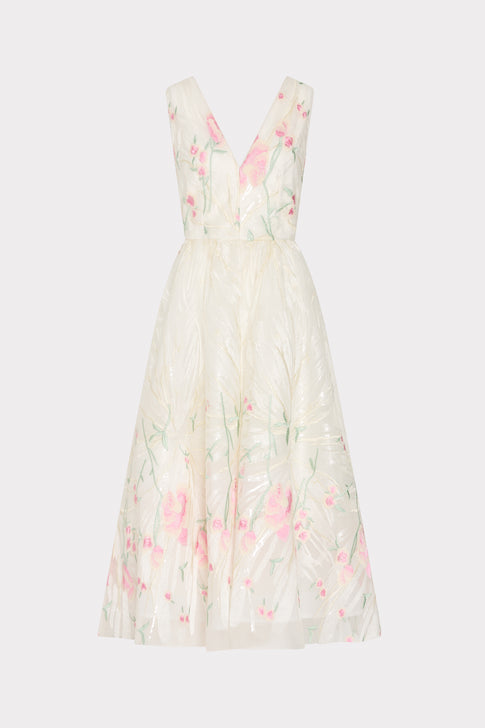 White Embroidered Floral Tinsley Midi Dress with Pink and Green Patterns - Front View | MILLY