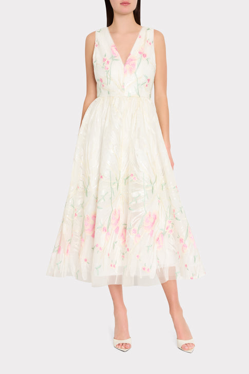 White Embroidered Mesh V-Neck Dress - On Model Front View | MILLY