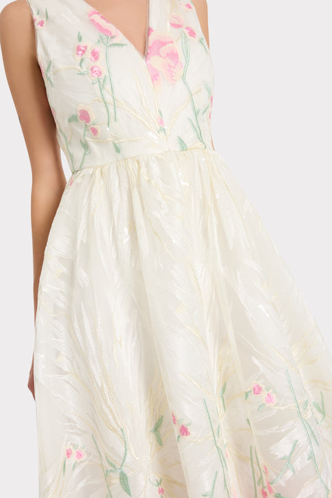 Designer Floral Embroidered Dress - V-Neckline Detail Close-Up | MILLY
