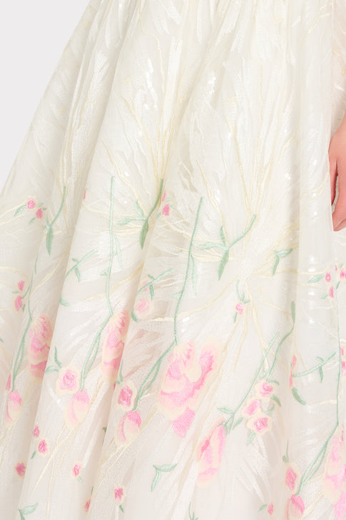 White Mesh Dress with Pink Floral Sequin Embroidery - Skirt Detail | MILLY