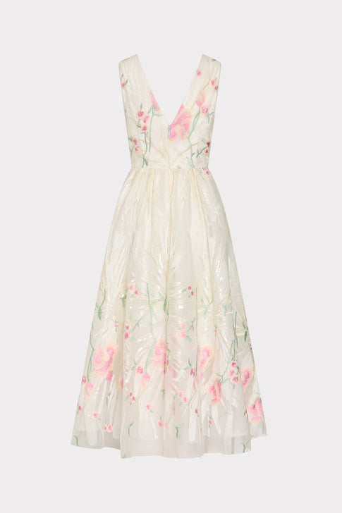 Elegant White Floral Dress with Pink and Green Patterns - Back View | MILLY
