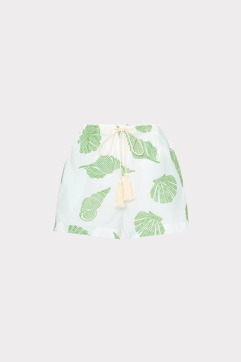 White Corrie Cover-Up Shorts with Green Shell Pattern and Tassel Drawstring - Flat Lay | MILLY