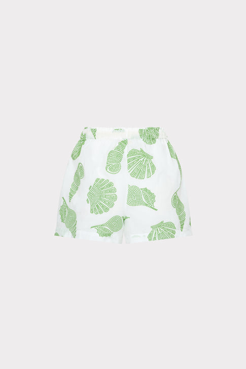 White Shell Pattern Cover-Up Shorts with Green Motif - Back View Flat Lay | MILLY